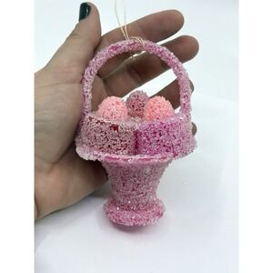 Vintage 70's Sugared Christmas Ornaments Basket & Pink Gumdrops